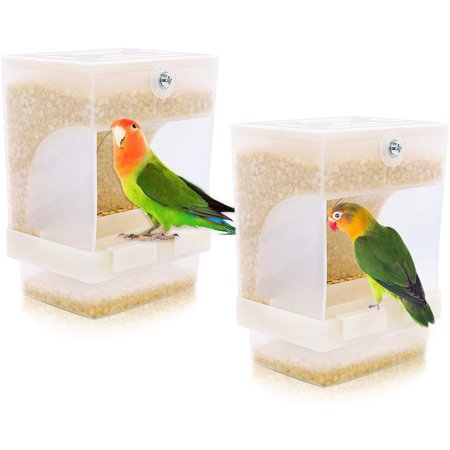UKCOCO No Spill Bird Feeder For Cage - Acrylic Automatic Food Container With Stainless Steel Perch, Size S For Small Birds