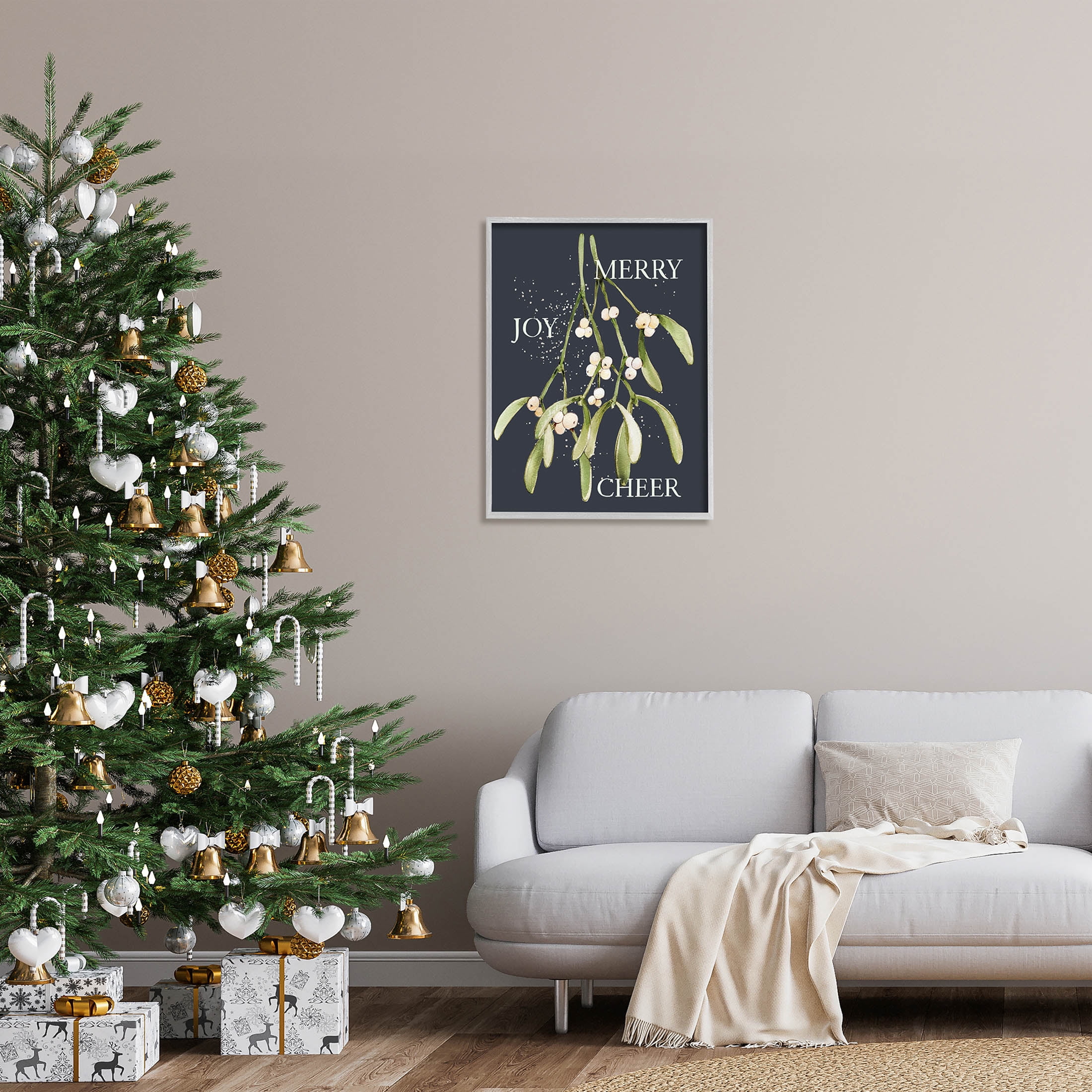 Merry Joy Cheer Holly Berries Holiday Graphic Art Gray Framed Art Print Wall Art