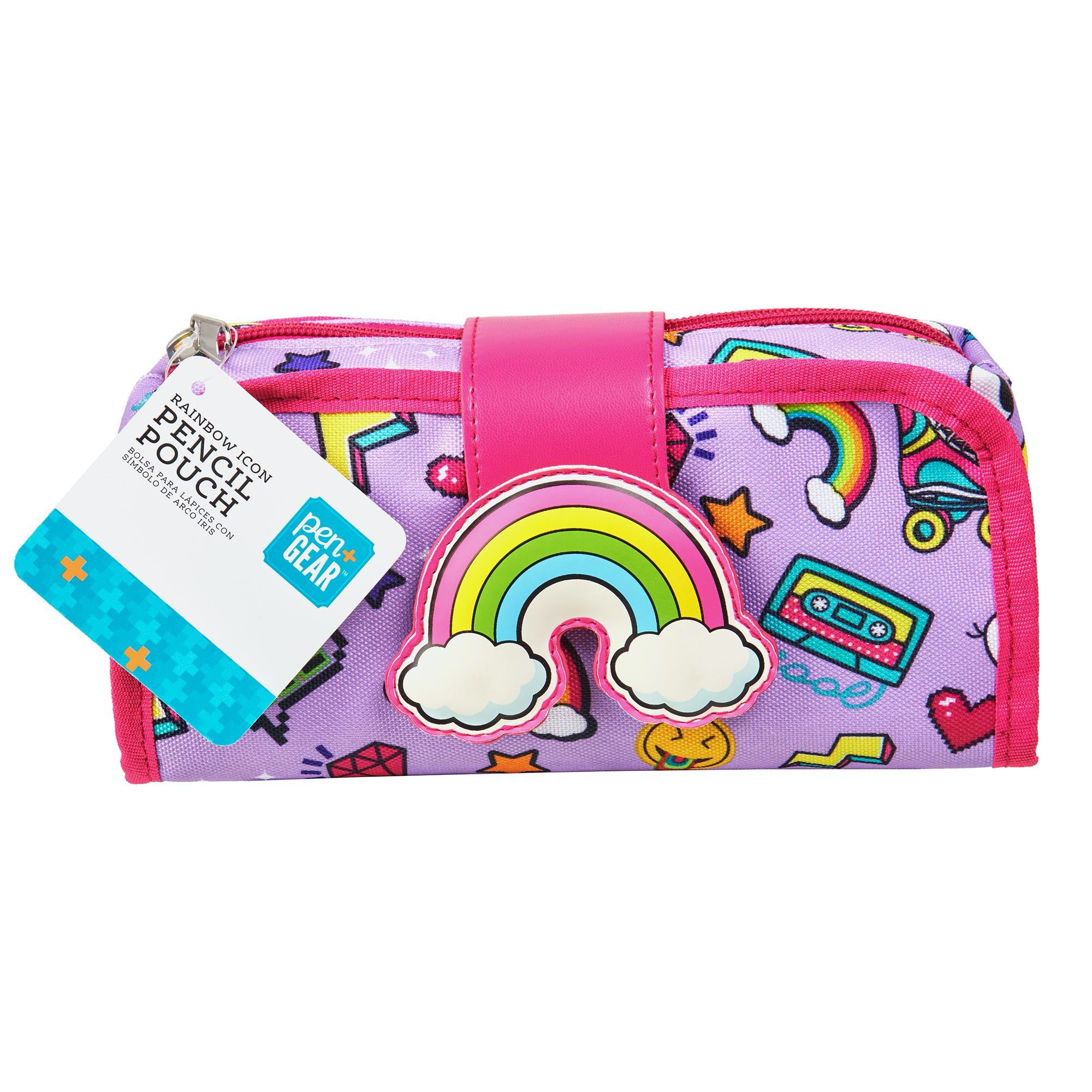 Pen + Gear Rainbow Icon Pencil Pouch, 10 Elastic Pen Slots, Purple Print with Pink Trim