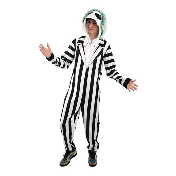 Beetlejuice Betelgeuse Men's Hooded Onesie Costume Union Suit-Medium