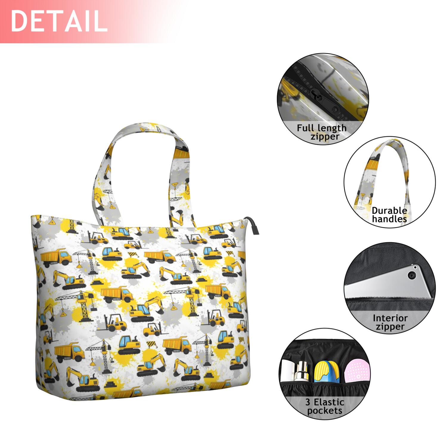 Cartoon Construction Vehicles Splashes White Pattern Travel Tote Bags for Women Carry On,Large Weekender Bags for Women Travel,Multi Functional Duffle Bag for Work,Shopping,Sports