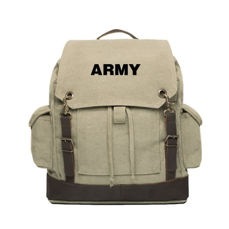 army text military vintage canvas rucksack backpack with leather (Best Rucksack For Military Training)