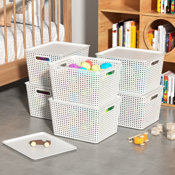 Anbers Lidded Storage Baskets, White, Plastic Organizer Baskets, Pack of 6