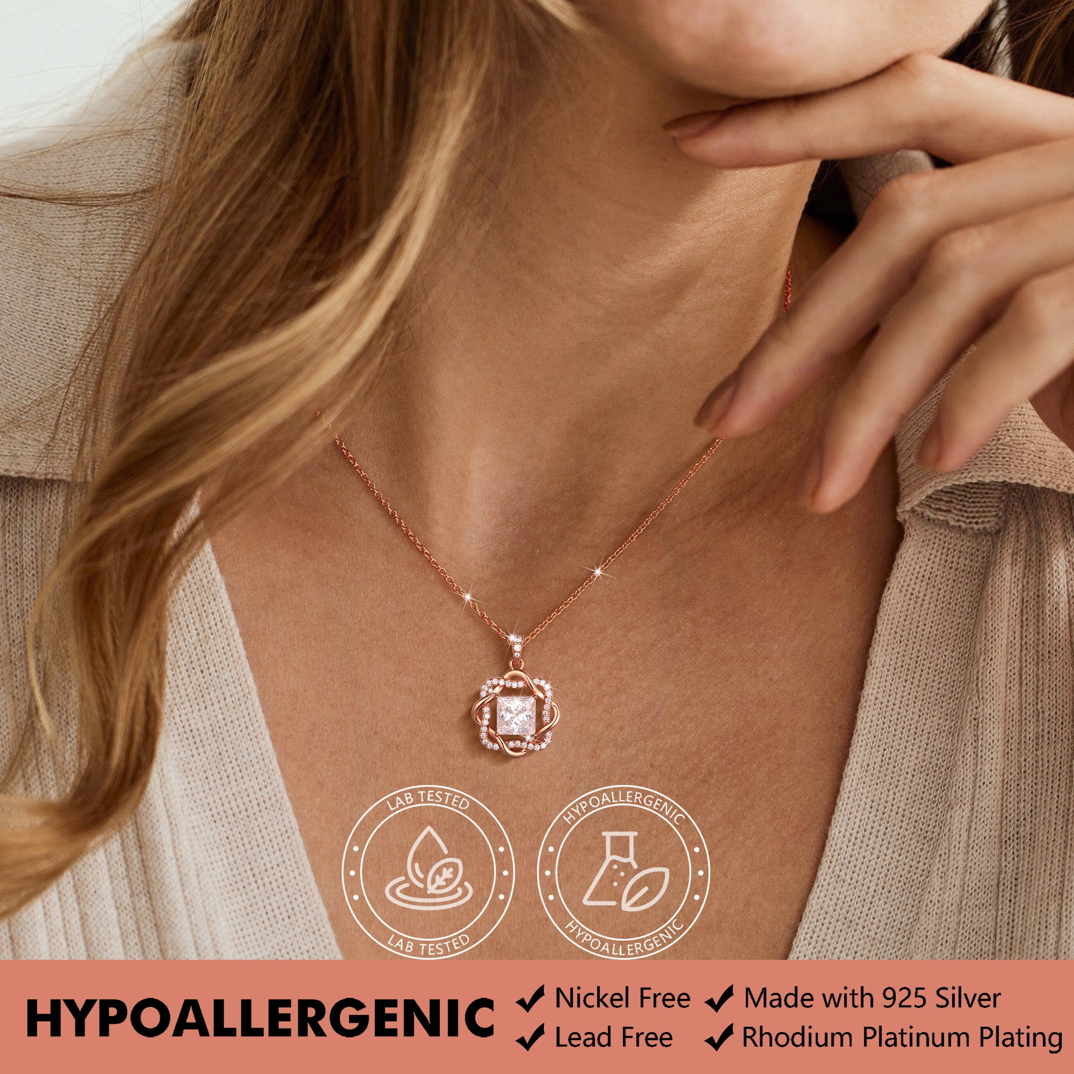 Beautlace Moissanite Necklace for Women,2 Carat D VVS1 Square Cut,Rose Gold Plated 925 Sterling Silver Starflower Pendant Jewelry Gift for Birthday Christmas Anniversary Wedding