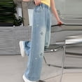 thumbnail image 5 of TIREOW Girls Loose Fit Casual Jeans Straight Wide Leg Elastic Waist Denim Pants Star Embroidered Baggy Denim Trousers(Blue,13-14 Years), 5 of 7