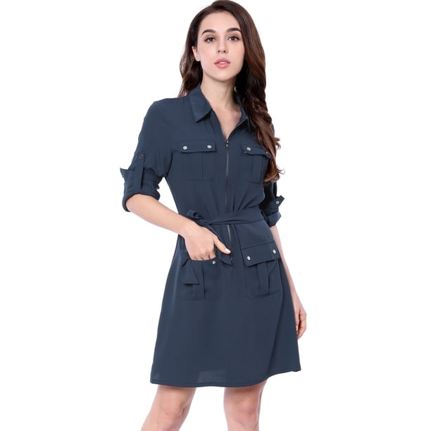 Vestido camisero con cinturón Allegra K Azul XL