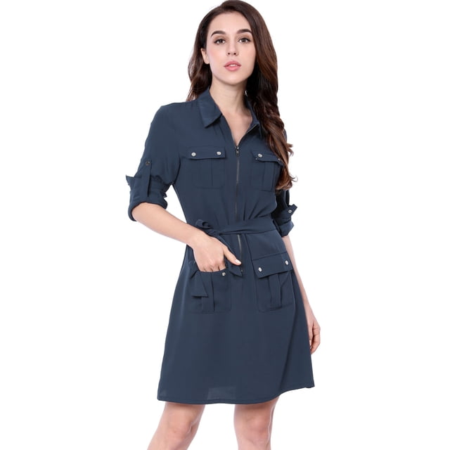 Vestido camisero con cinturón Allegra K Azul XL