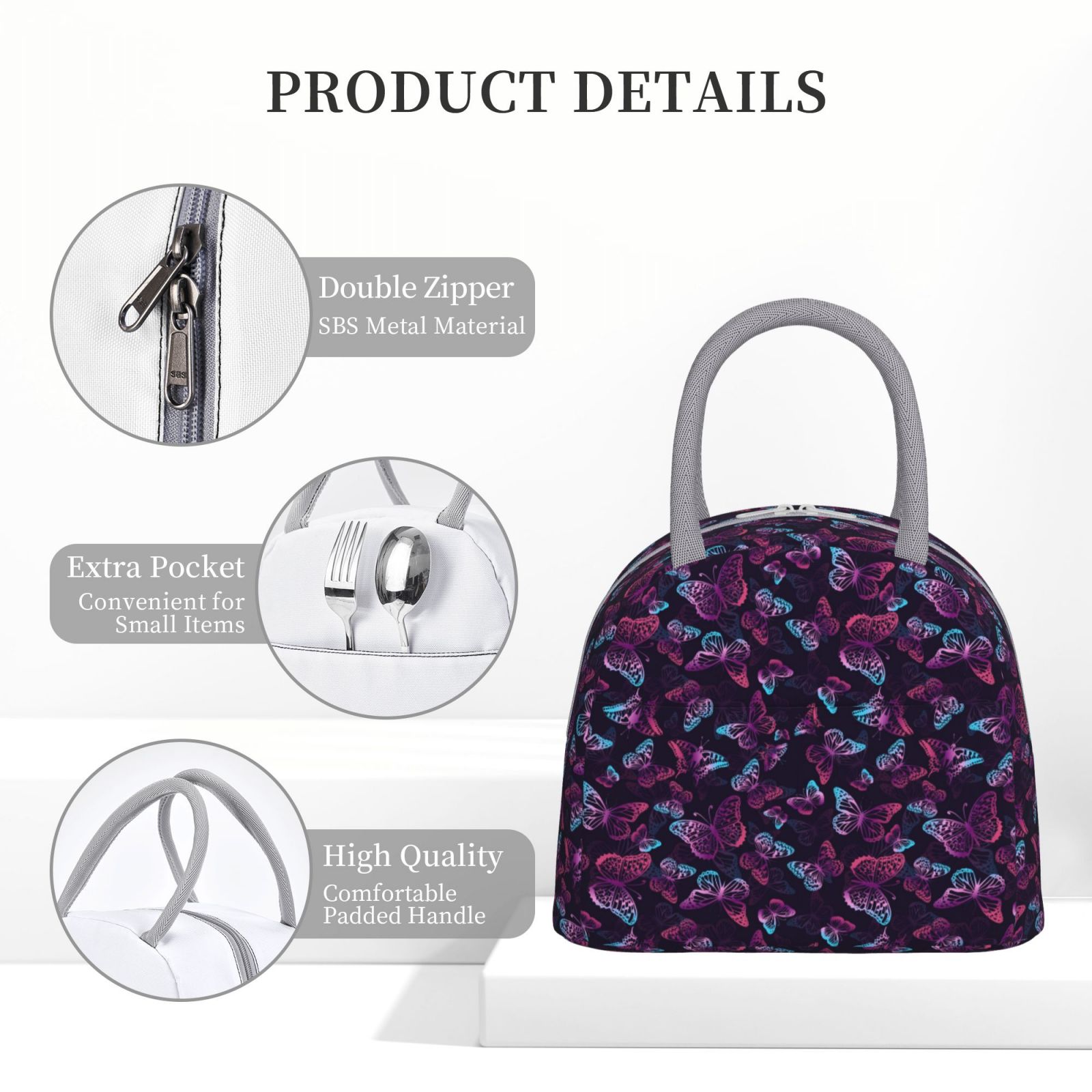 Horeoi Purple Butterfly Pattern Large Insulated Lunch Bag for Work, School, Picnic - Waterproof, Durable Oxford Cloth, Comfortable Handle-Light Grey