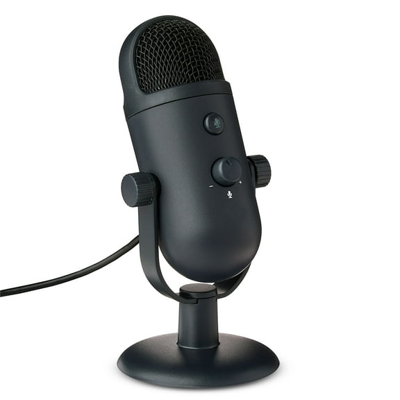 onn USB Dual-Pattern Microphone w/Volume/Mute controls and 3.5mm Headphone Jack, Black