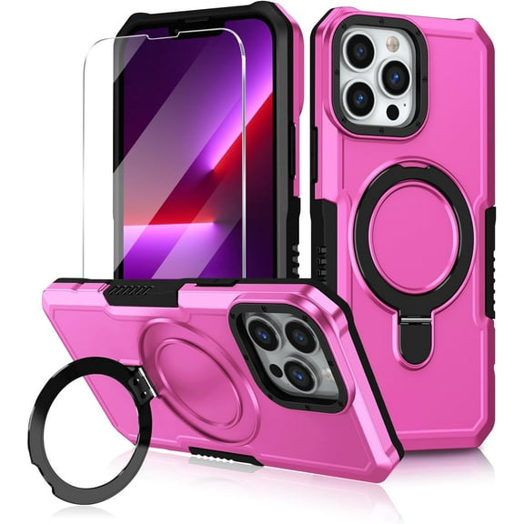 for iPhone 13 Pro Case, [Compatible with Magsafe] [Invisible Built in Stand & Ring Holder][Shockproof Full] MIL-Grade, Dual Layer Protective Case for 13 Pro-Pink