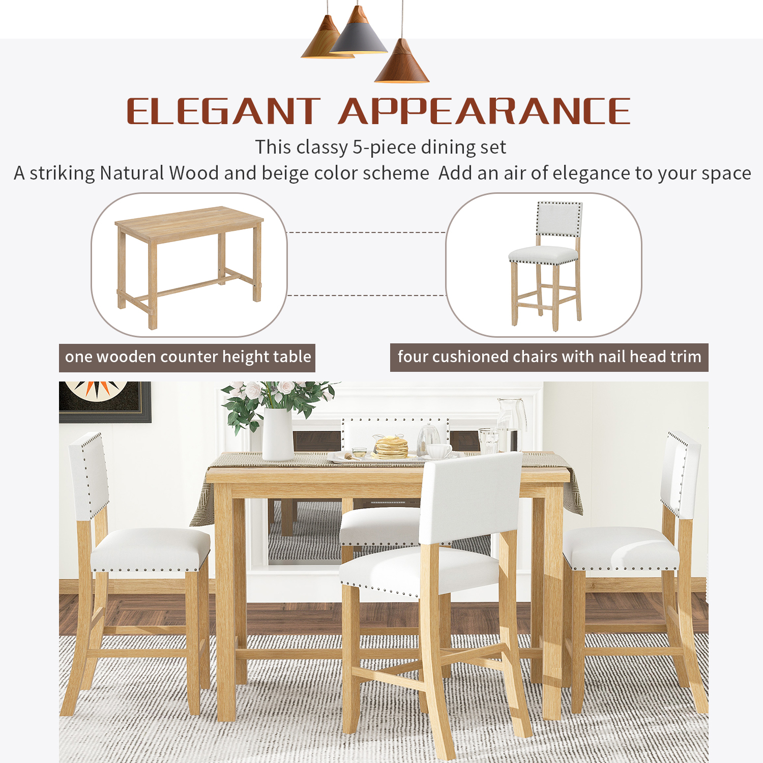 Euroco 5 Piece Dining Table Set  for 4, 52" Counter Height Table Set with 4 Chairs  for Small Space