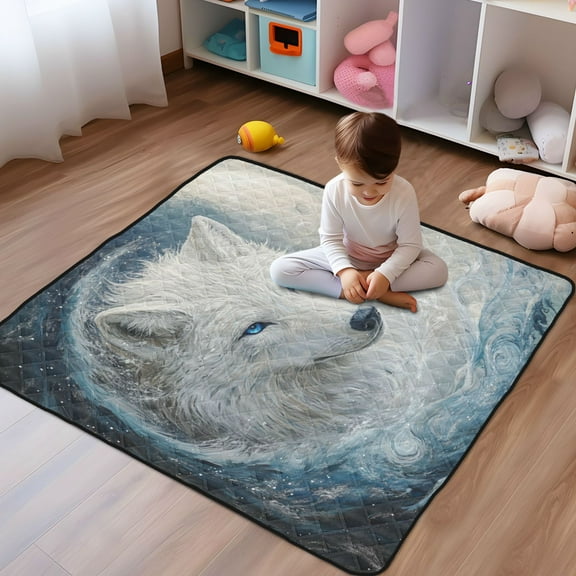 WOBOGO White Wolf with Blue Eyes Baby Playmats Extra Large Waterproof Rollable Activity Pads for Toddlers 50×50inch