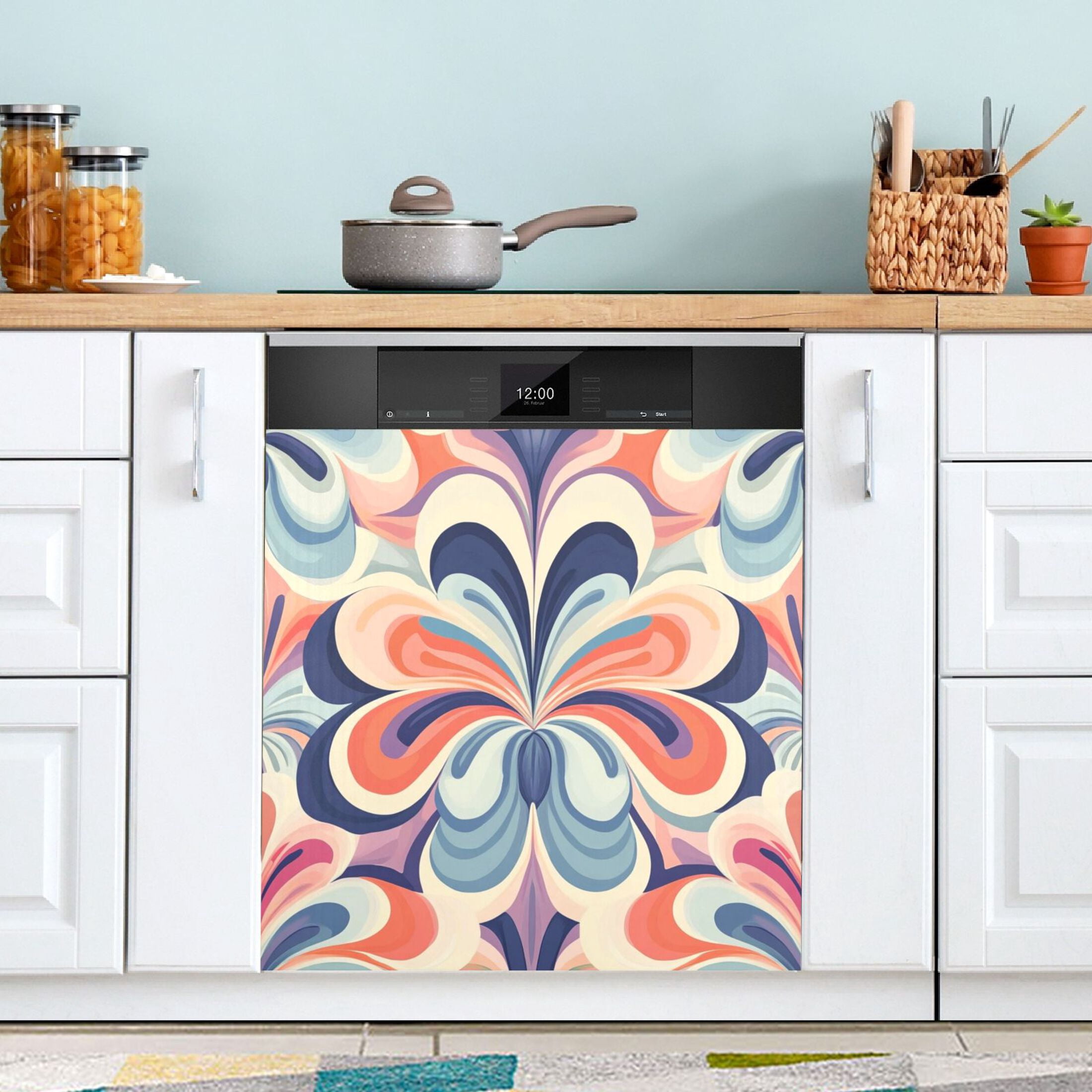 Dishwasher Magnetic Sticker 23x26 Inch Refrigerator Magnetic Sticker Washing Machine Magnetic Sticker Kitchen Panel Magnetic Sticker Home Decor Blue Flower Pattern