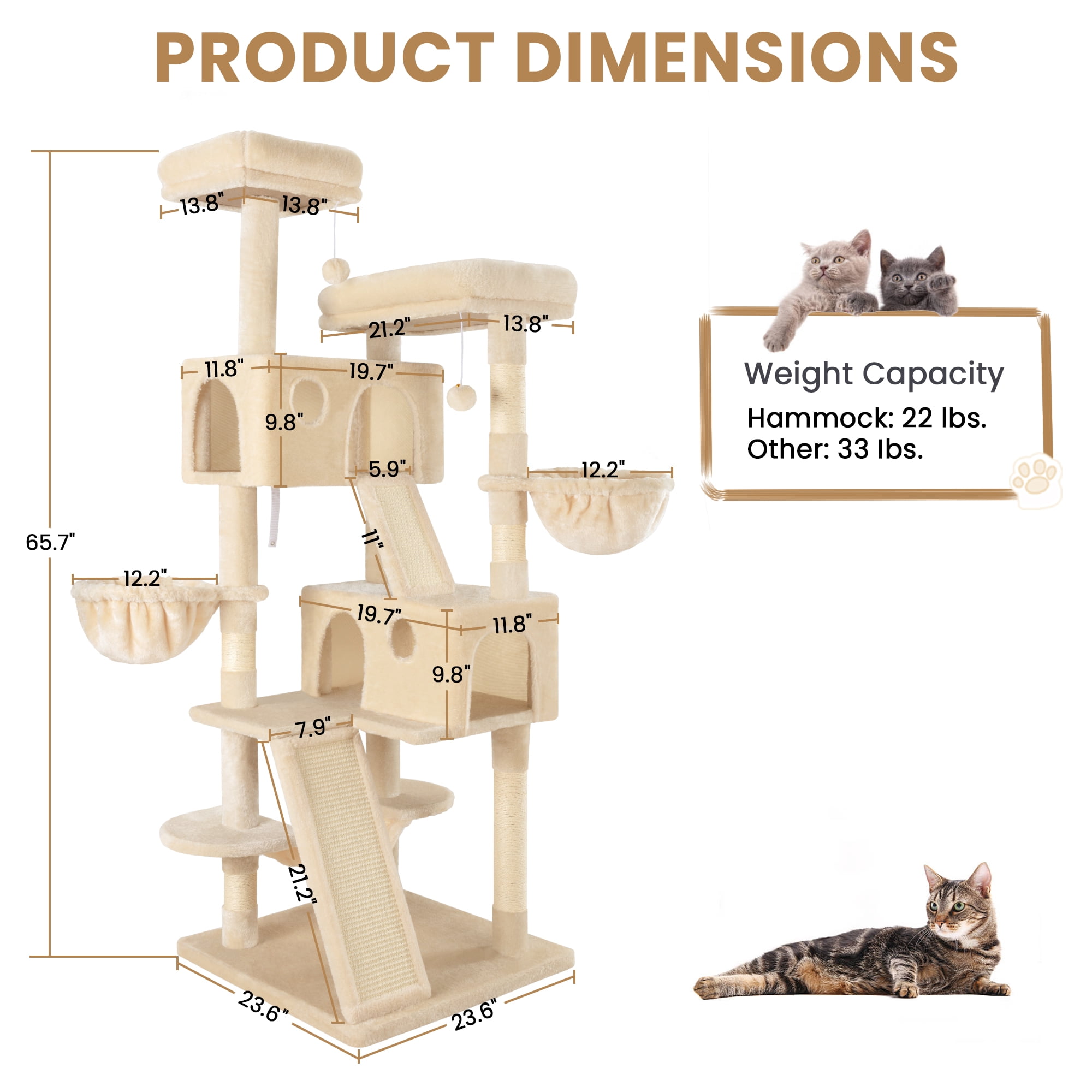 Merrland 65.7 " Large Cat Tree Tower Condo for Cats with 2 Scratching Ramps, Hammock & Scratching Posts, Beige