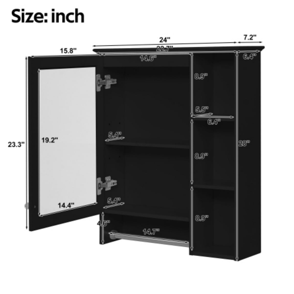 24" Wall Mounted Medicine Cabinet with Mirror, Bathroom Storage Cabinet with Adjustable Shelf, Soft Close Door & Towel Bar, Modern Over Toilet Organizer, Black