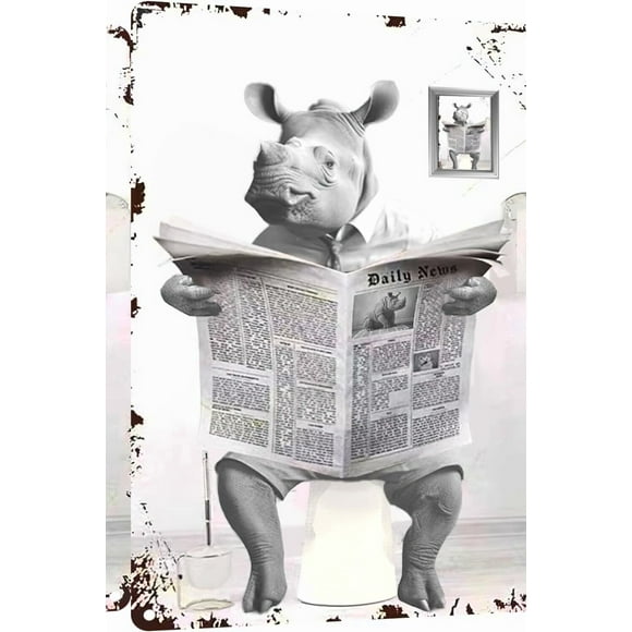 Vintage Rhino Reading Tin Sign - Humorous Animal Decor for Home & Bathroom, 12x8 Inches