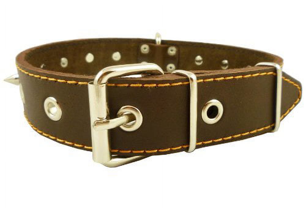 Real Leather Brown Spiked Dog Collar Spikes, 1.5" Wide. Fits 17"-21.5" Neck, Large Breeds.