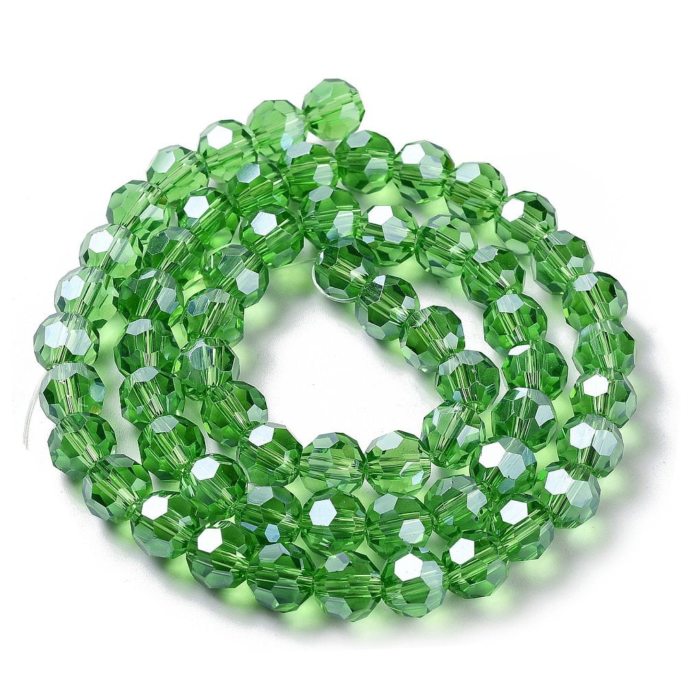 Electroplate Glass Bead Strands Pearl Luster Plated Faceted(32 Facets) Round Green 8x7mm