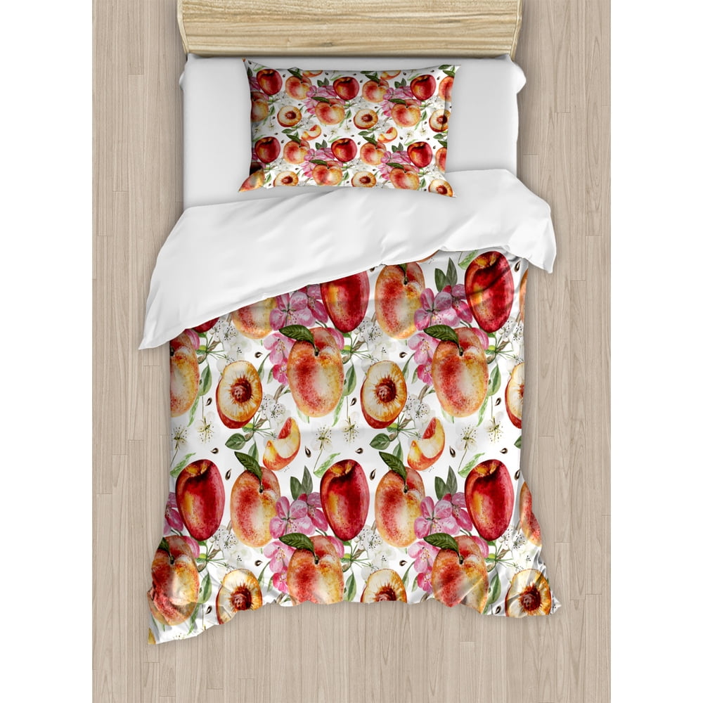 Peach Duvet Cover Set Twin Size, Exotic Lively Summer Yard Theme with