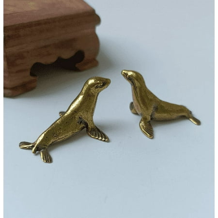 2pcs vintage style Brass cute seals figurine Feng Shui Brass sea animal Decor pendant Figurines for Animal Sculpture Collectibles Gift