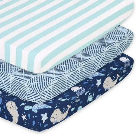 The Peanutshell Playard Mini Crib Sheets for Mini, Portable, Playard, and Pack n Play Cribs, Sealife, 4-Pack