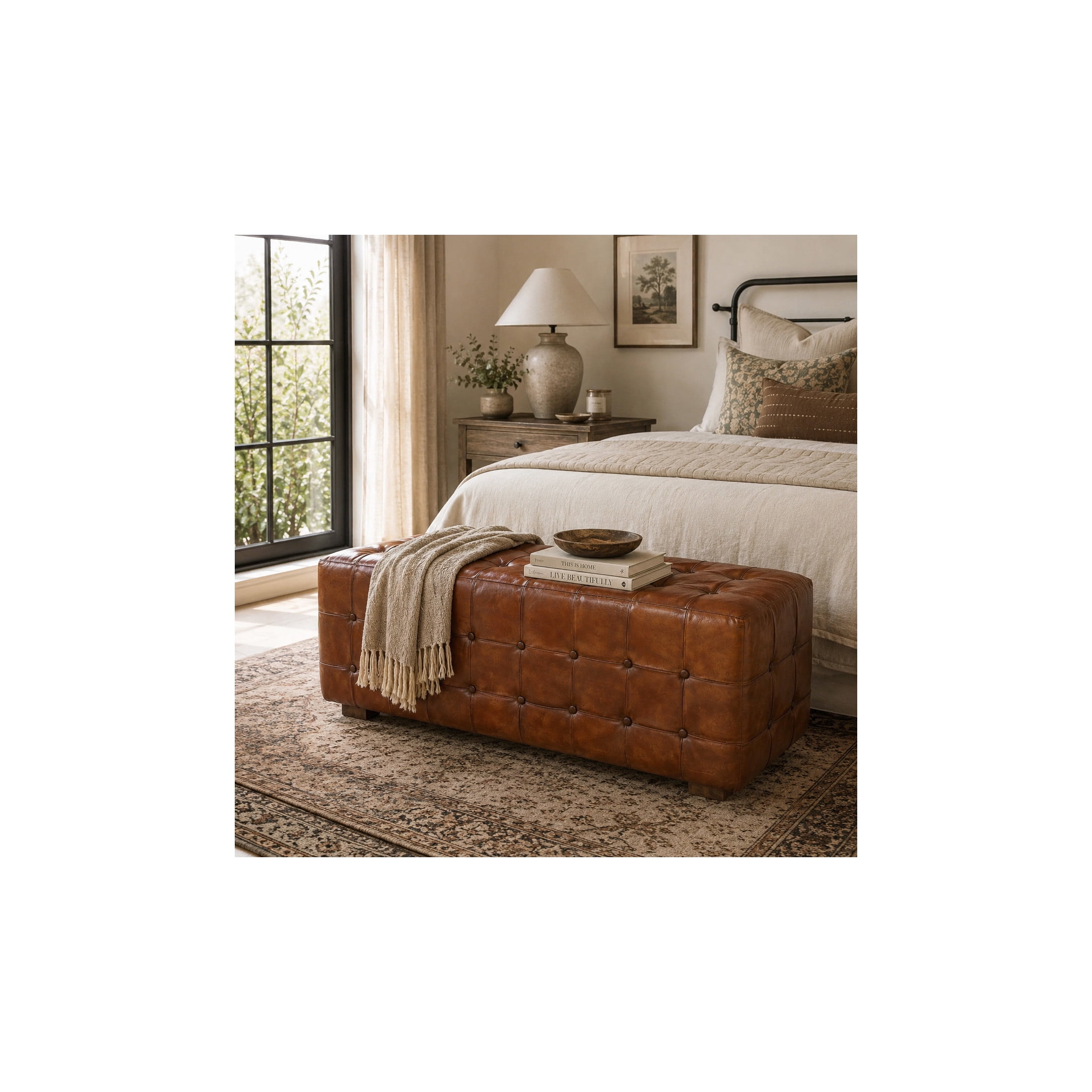 DecMode Leather Tufted Upholstered Bench with Block Feet, Brown