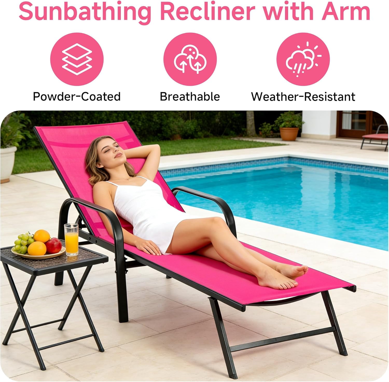 Simenmax Outdoor Folding Lounge Chair - Portable Recliner with Adjustable Backrest, 300lb Capacity, Stackable Design for Patio, Lawn, Beach - Dark Pink