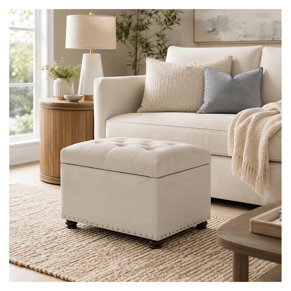 Fabric Ottoman with Storage,24" Oatmeal Ottoman for Living Room