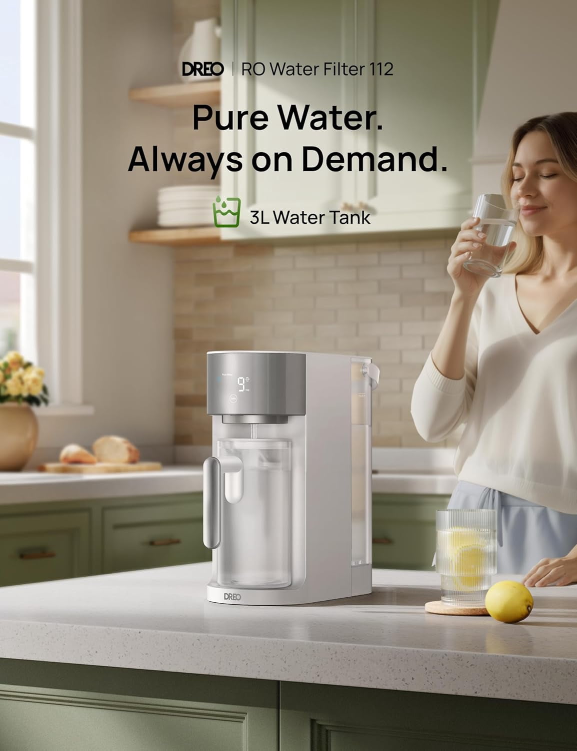 DREO Countertop Reverse Osmosis Water Filter System, 7-in-1 RO Filtration System, 3:1 Pure to Drain, TDS & Filter Life & Autofill Pitcher, Installation-Free, Self-Cleaning Water Purifier,3L, White