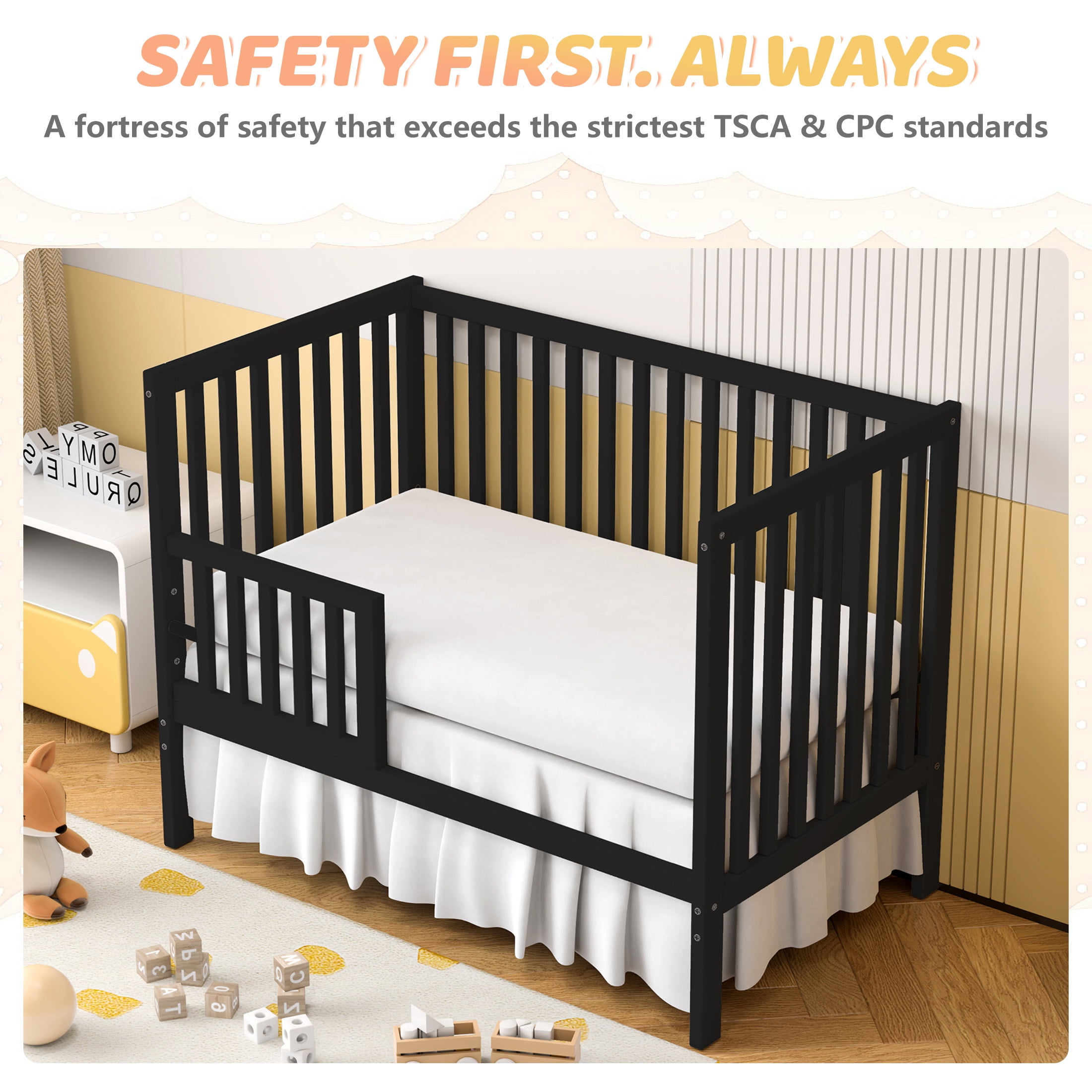 SESSLIFE 5-In-1 Convertible Crib, Black Baby Bed, Converts from Baby Crib to Toddler Bed, Fits Standard Full-Size Crib Mattress(Not Included)