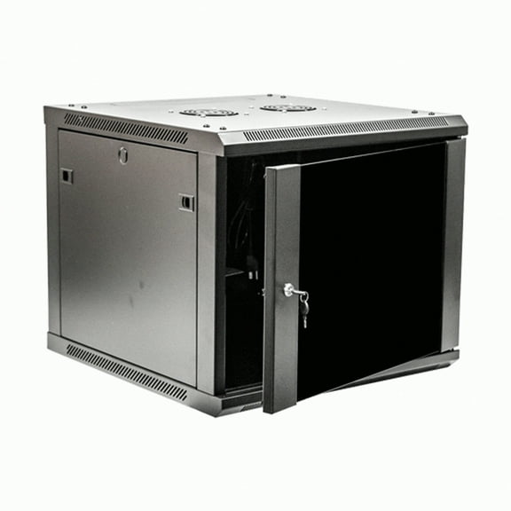NavePoint 9U Server Rack Enclosure - 23.6” Deep, 9U Wall Mount Network Cabinet with Locking Glass Door for 19” IT Equipment, 9U Network Rack with 2 Fans, Removable Side Panels, Black
