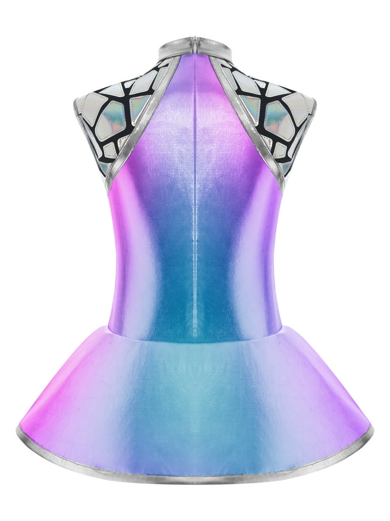 Ocealan Kids Girls Shiny Metallic Alien Dress Summer Flare A-Line Skater  Mini Dress for Dance Party Blue 14 - Walmart.com