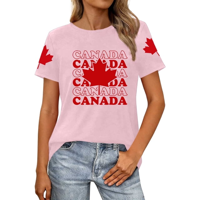 Fgnfyis T-Shirts Graphiques pour Femmes pour l'Été, Tenue Décontractée, Confortable, Manches Courtes, Col Rond, Tee avec Imprimé Patriotique de la Fête du Canada, T-Shirts pour Femmes, Rose, TG