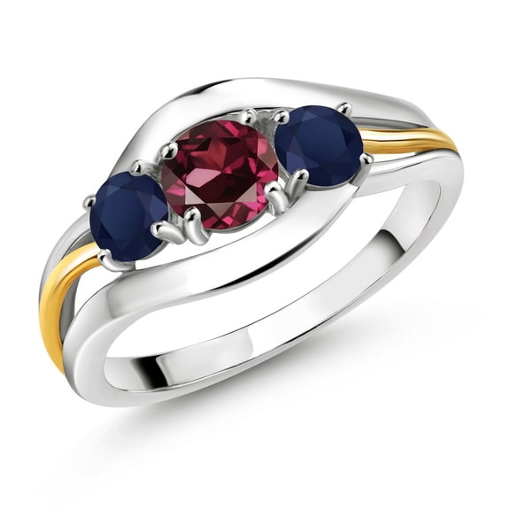 Gem Stone King 925 Sterling Silver and 10K Yellow Gold Round Red Rhodolite Garnet and Blue Sapphire 3 Stone Ring for Women (1.30 Cttw, Size 9)