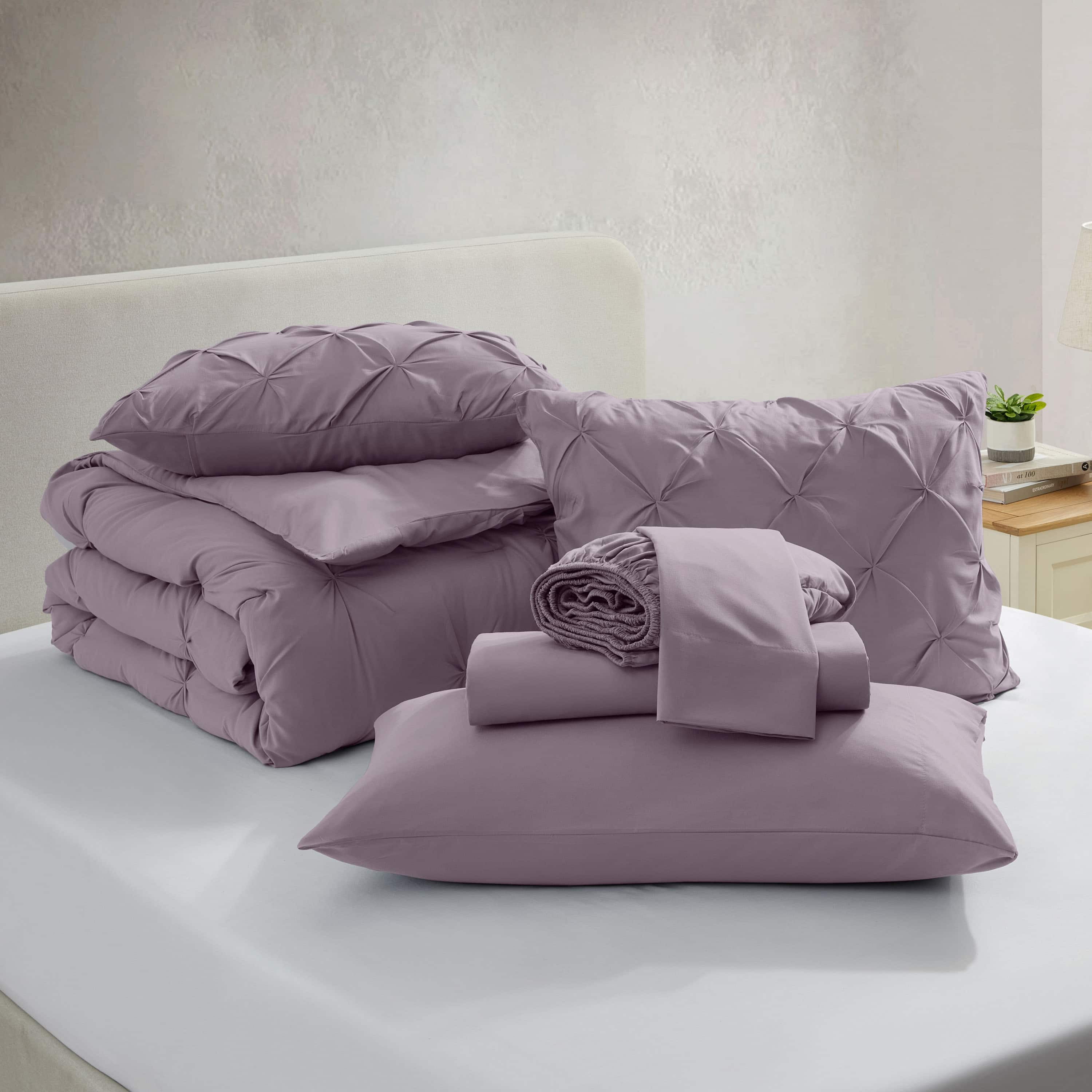 LammaLoe Twin XL Comforter Sets, 5 Piece Bed In A Bag Pintuck Bedding Sets, Dusty Purple