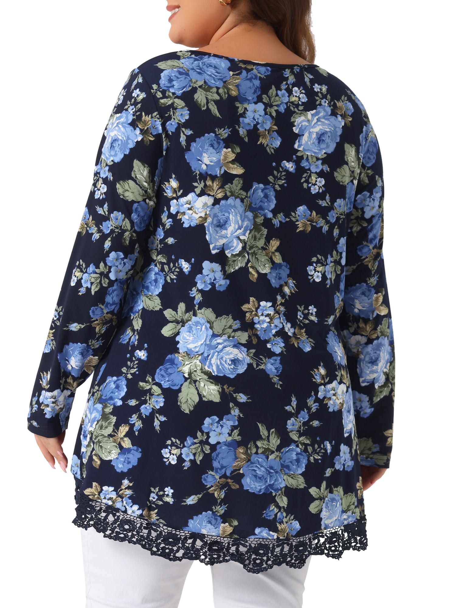 DARING DIVA Women's Plus Size Crew Neck Lace Trim A-Line Floral Blouse 3X Navy Blue