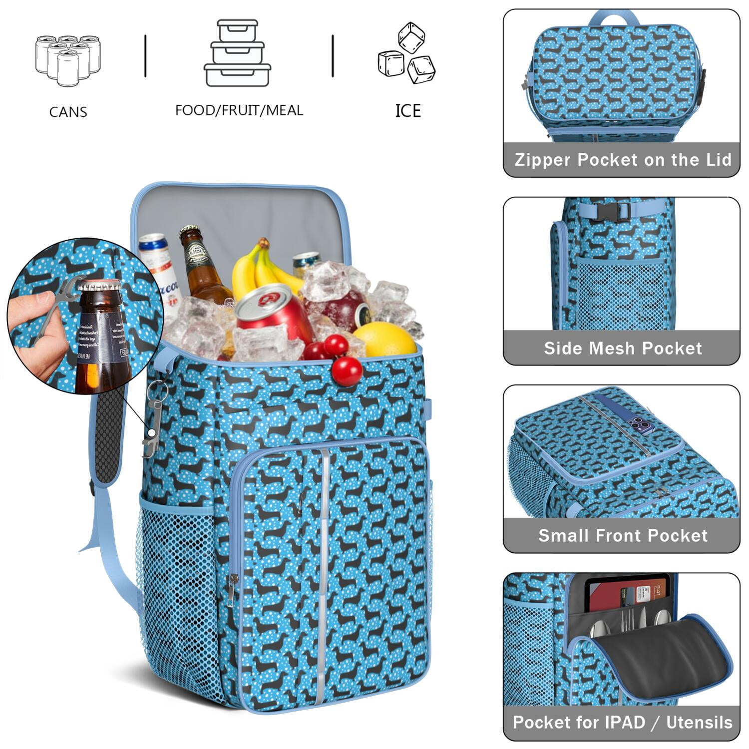 Travel Cooler Bag - Blue Dachshunds Dog Camping Beer Cooler Backpack with Bottle Opener- Waterproof Insulated Picnic Backpacks - Cooler Bag for Beach