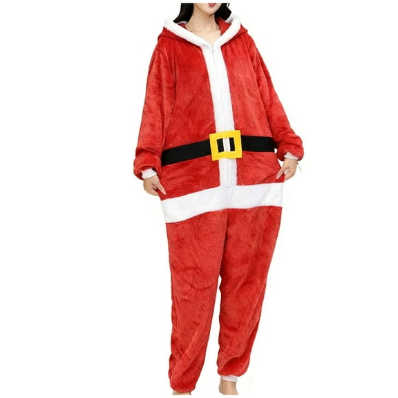 successthop Christmas Jumpsuit Women Santa Hooded with Cute Ear Flannel Sleepwear Fuzzy Long Sleeve Long Pant Loungewear