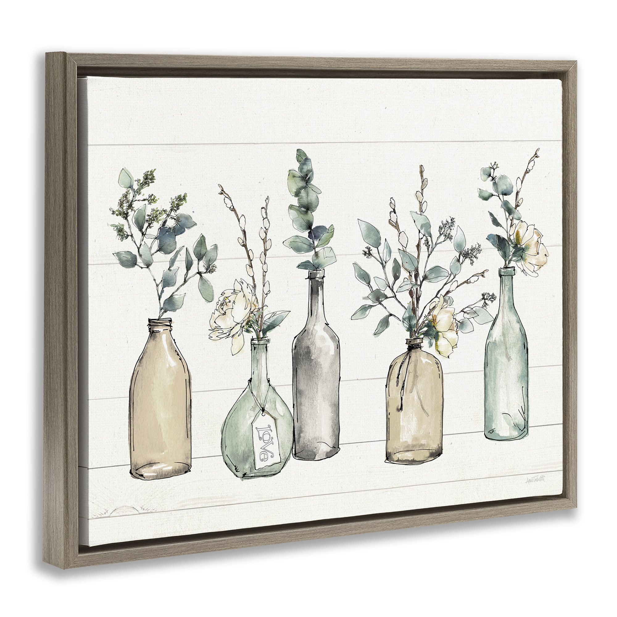 Stupell Industries Bottles And Plants Vases Botanical & Floral Painting Brown Floater Framed Canvas Art Print Wall Art, 21 x 17