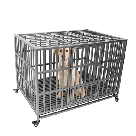 Confote 47Inch Heavy Duty Dog Kennel Strong Metal Dog Cage Pet Crate for Medium and Large Dogs with Four Lockable Wheels, Removeable Tray(Stretching Install)