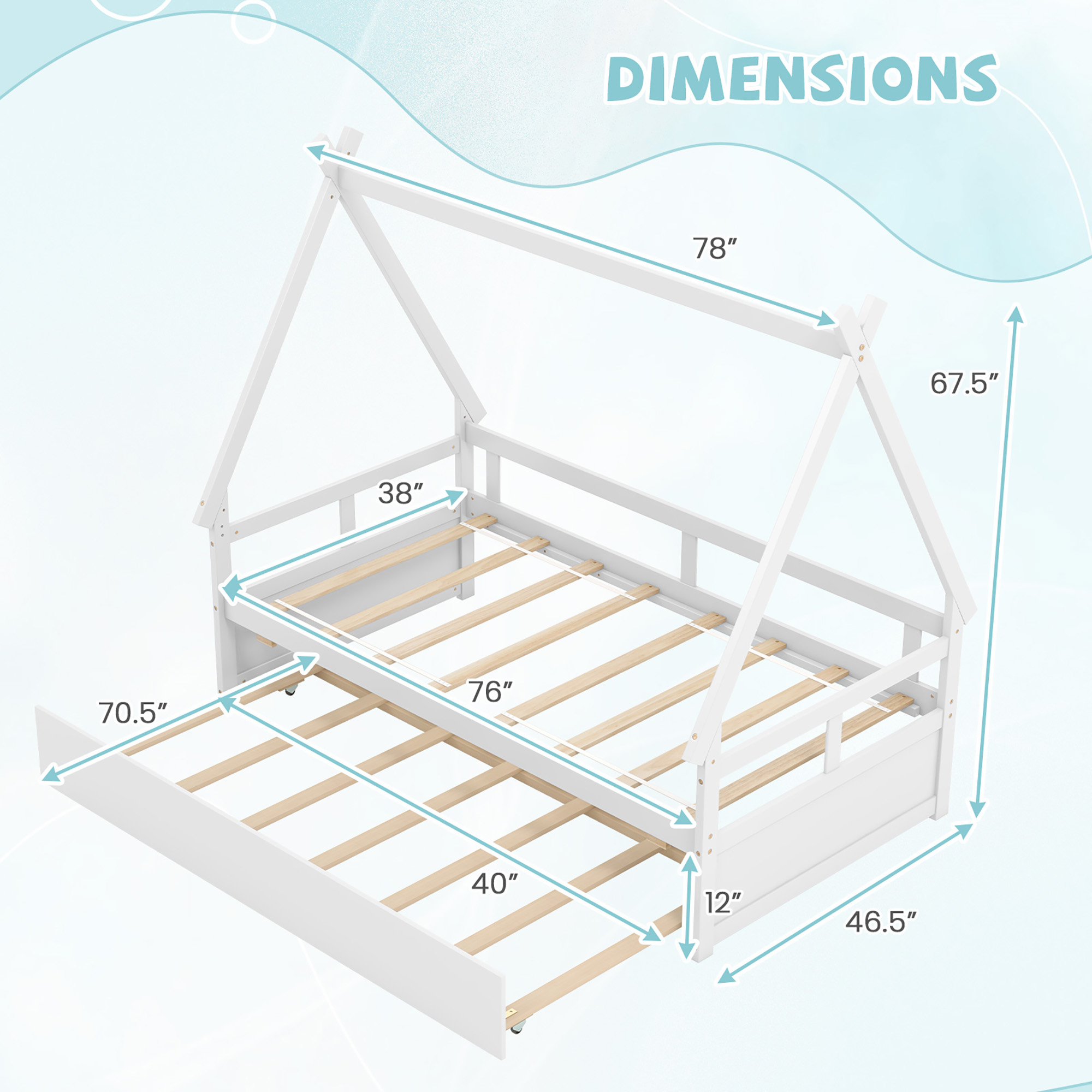 Gymax Twin Size House Bed w/ Trundle Roof & Safety Guardrail Wood Slat Support White