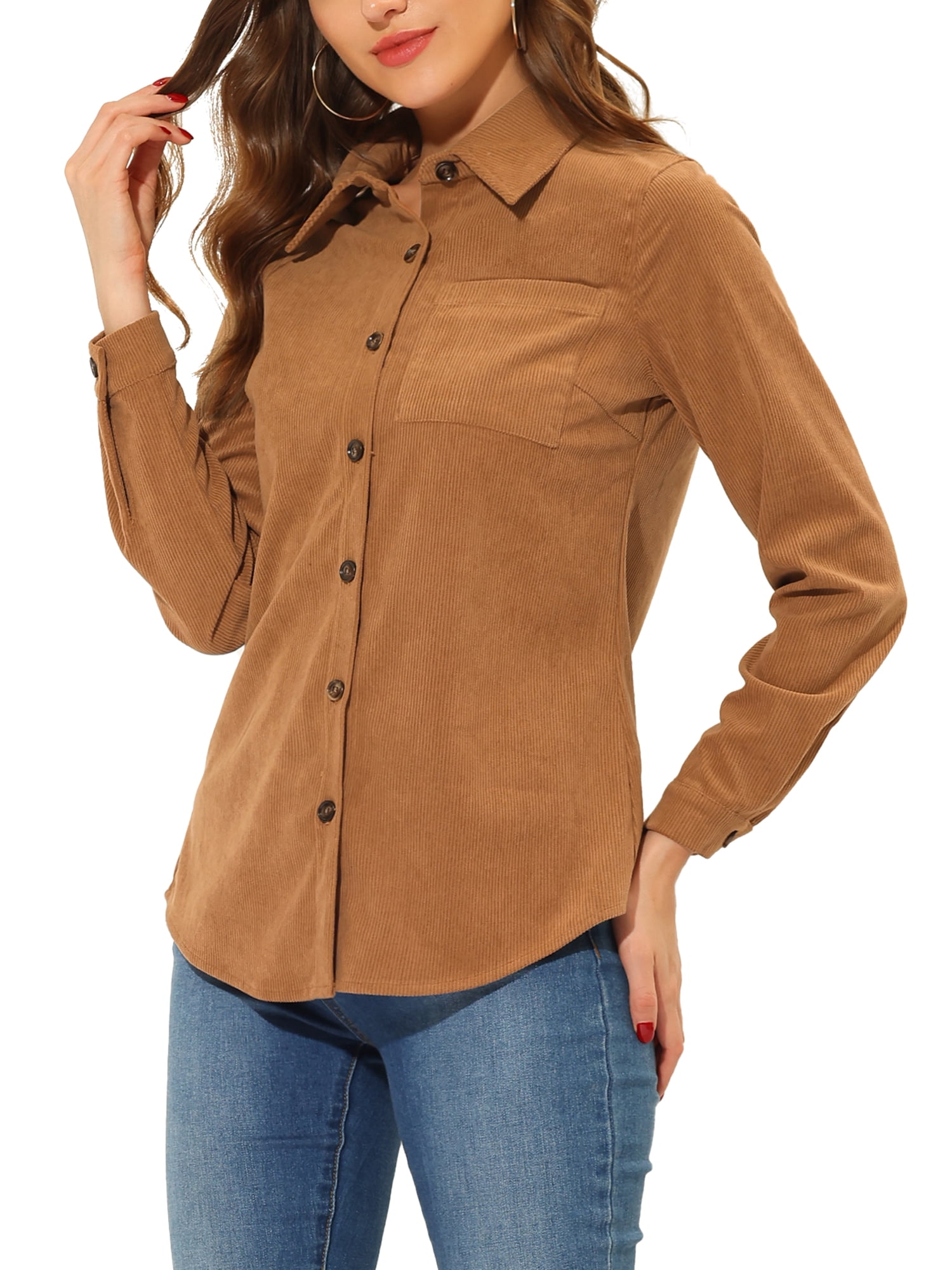 Unique Bargains Women's Corduroy Shirts Long Sleeve Button Down Blouse Top XS Brown