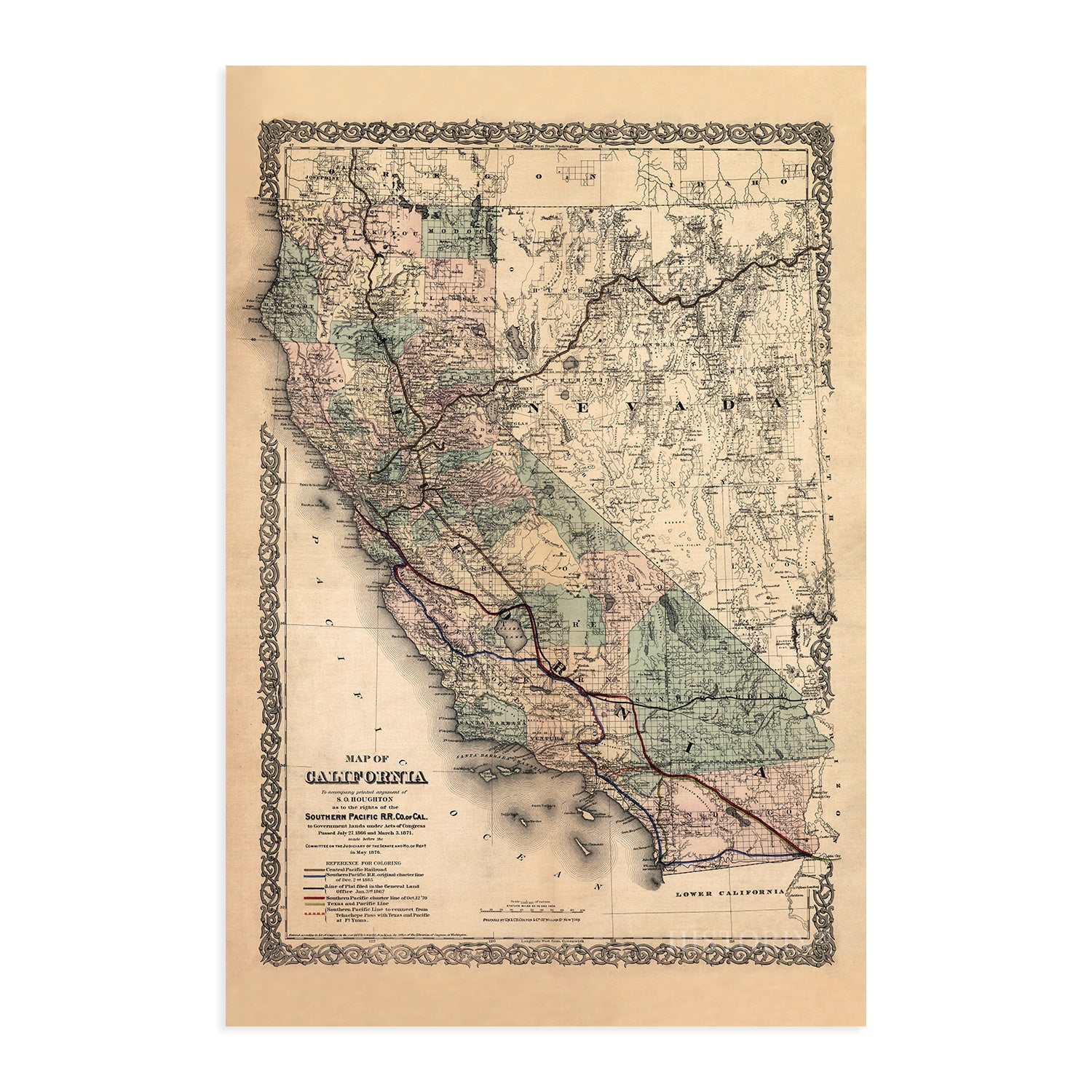 絵画 SOUTHERN CALIFORNIA ARTERIAL MAP 1876 Map of California - Vintage Map Wall Art - Map of