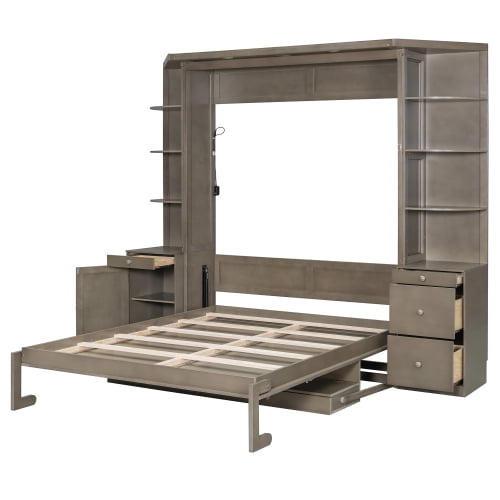 Queen Murphy Bed with Desk, Hidden Workstation, Storage Shelves & Cabinets, Wall Bed with Lights, Light-Distressed Gray