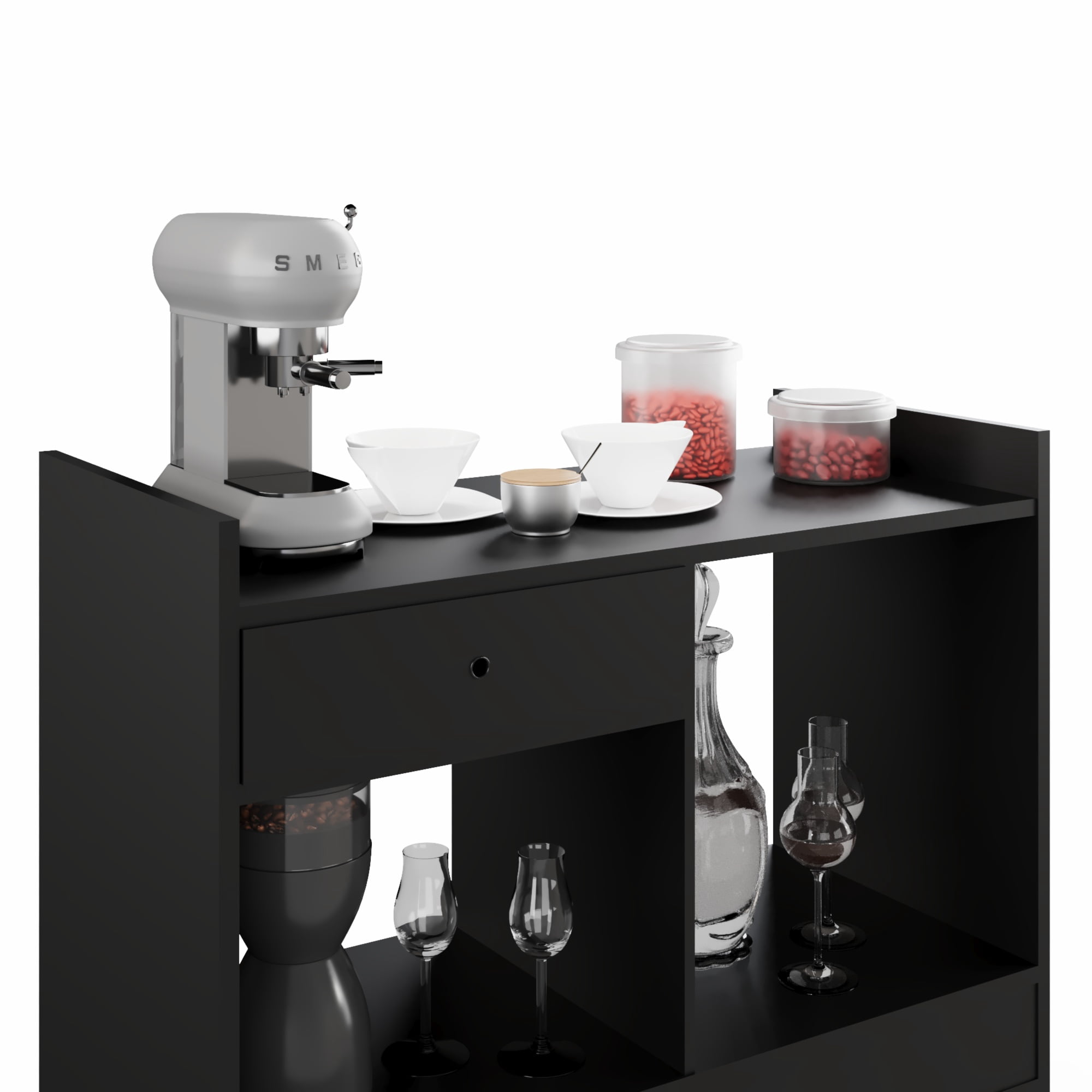 Ember Interiors Oxford Black Modern Bar Cabinet with Wine Storage, Drawer & Open Shelves – Compact Design for Living Room or Kitchen