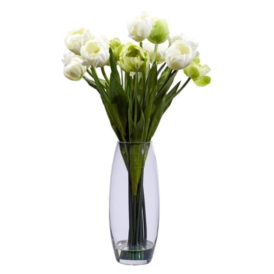 Nearly Natural Tulip with Vase Silk Flower Arrangement Stately and proud  this incredible tulip arrangement will be a focal point of your décor for years to come. A bevy of tulip stalks rest in a clear vase (complete with liquid illusion faux water)  providing the perfect base for the delicate blooms above. Verdant leaves complete the picture  giving this tulip arrangement a distinct look that will stand the test of time. Perfect for home  office  or even makes a great gift. Height: 20 In. Depth: 12 In. Width: 12 In. Pot Size: W: 4 in  H: 10.5 in Planter  vase or basket is included in the height.