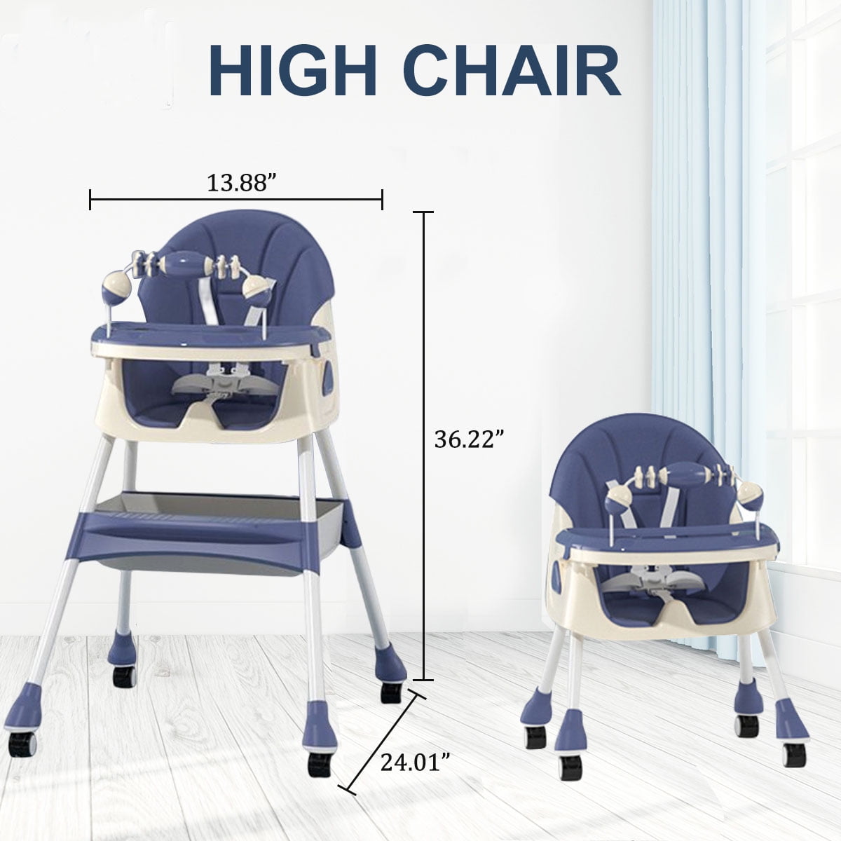 PUEDO 4-in-1 Baby High Chair Portable Toddler Dining Chairs Eat & Play Convertible Highchair with Adjustable Tray, Blue