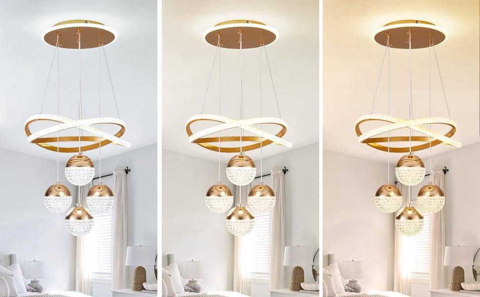More Change Modern Gold LED Chandeliers, 3-Color Dimmable Pendant Light for Kitchen Island, Dining Room, Living Room, Contemporary Hanging Ceiling Light, Adjustable Height for Modern Home Decor