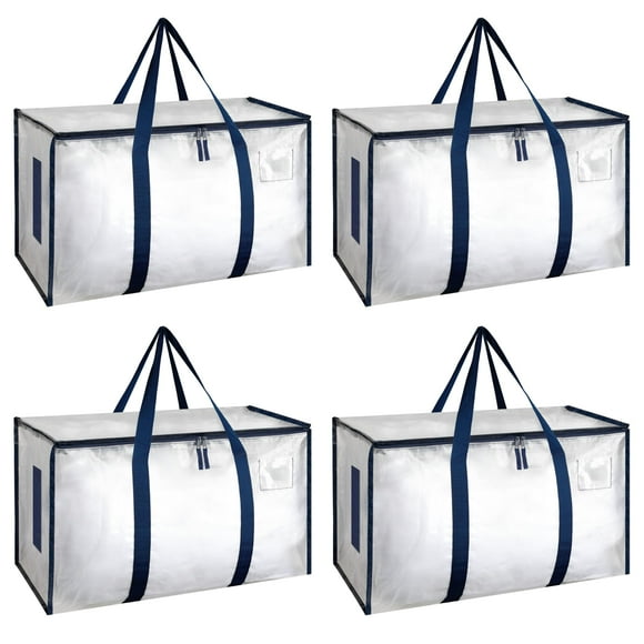 HealSmart Paquete de 4 bolsas grandes para mudanzas con cremalleras y asas, suministros para mudanzas con tapas, bolsas resistentes para ahorrar espacio, plegar, mover y almacenar, transparente