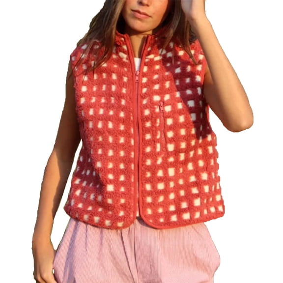 EOYWHK Womens Vest Plaid Sherpa Fleece Stand Collar Cropped Gilet Casual Checkered Sleeveless Fuzzy Vest Jackets Outerwear with Zipper Pockets Red XL